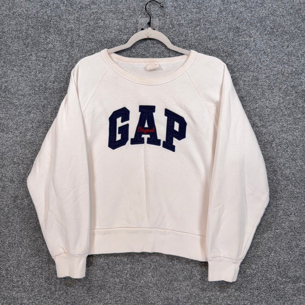 Gap Sweatshirt Women Medium Tan Logo Fleece Pullover Crewneck Raglan Casual
